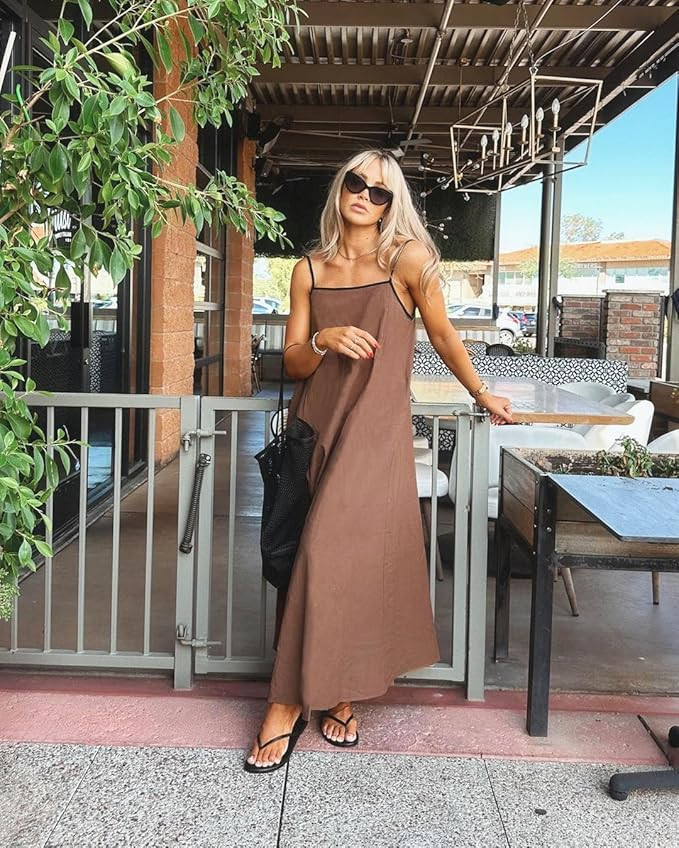 Shy Velvet Women's 2026 Summer Linen Maxi Dress Contrast Spaghetti Strap Dress Backless Casual Pa... | Amazon (US)