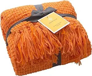 Super Soft Throw, Decorative Woven Plaid Pattern Throw Blanket with Tassels, 50x60, Orange | Amazon (US)