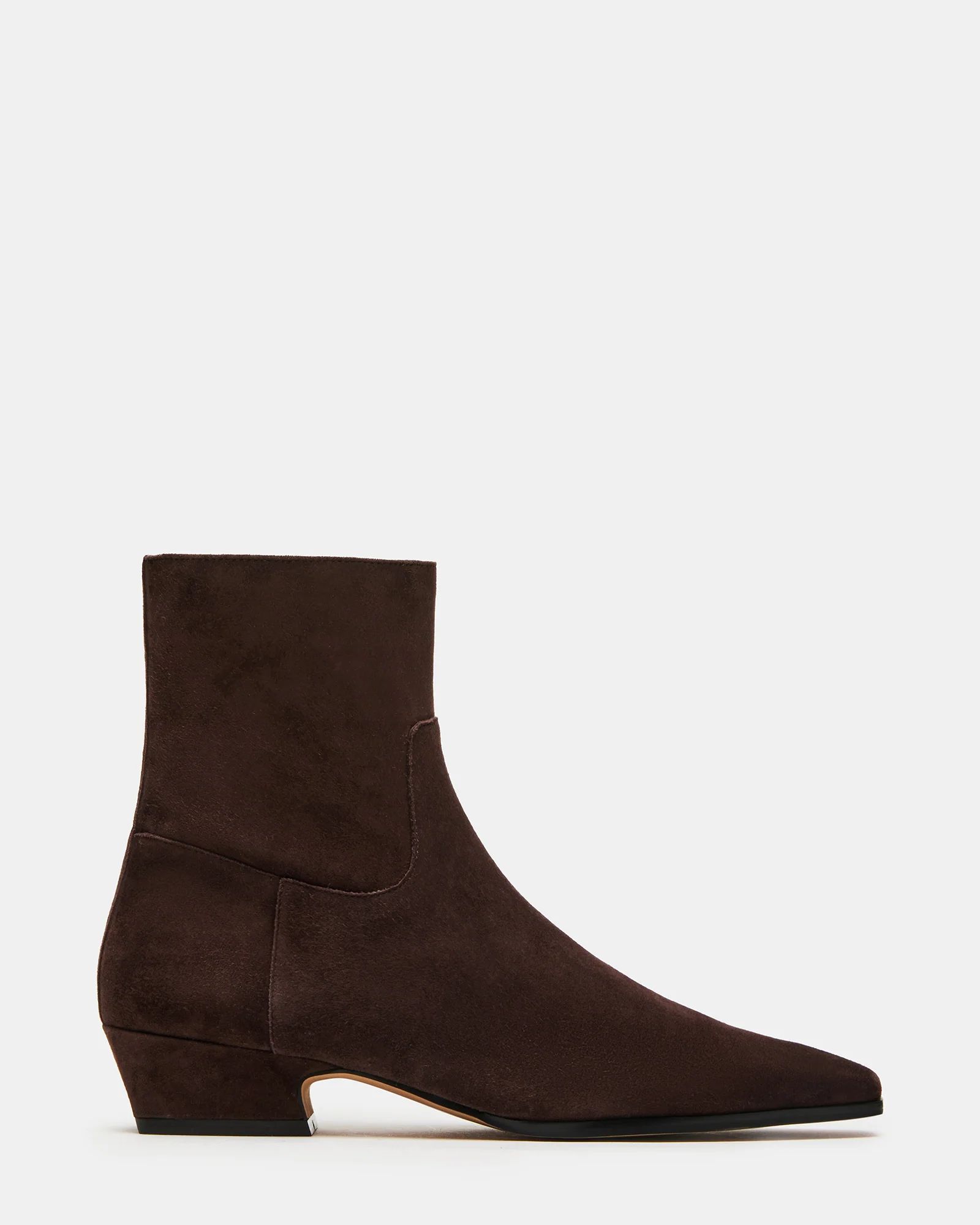 DUSTY Chocolate Brown Suede Ankle Bootie | Women's Booties | Steve Madden (US)