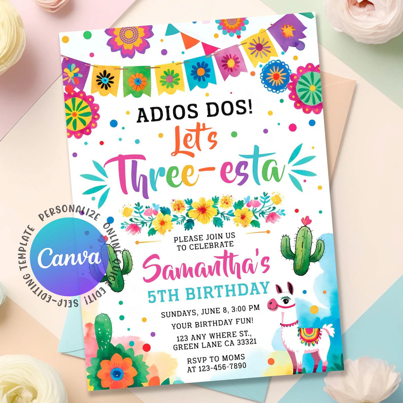 Three-esta Party Invitaion For A Girl Three-esta Birthday Invitation, Fiesta Invitation, Adios do... | Etsy (Global)