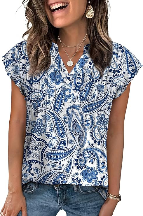 OFEEFAN Summer Tops for Women Button Down Blouses for Women Dressy Casual V Neck T Shirts Ruffle ... | Amazon (US)