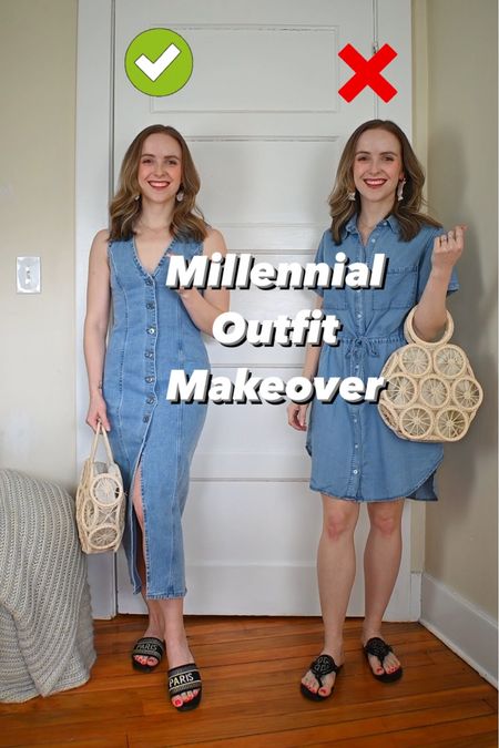 Millennial outfit makeover. Denim dress edition. Would recommend a structured shirt dress with a belt as another option. Linking a few below!
Wearing xs petite in dresss

#LTKsalealert #LTKstyletip