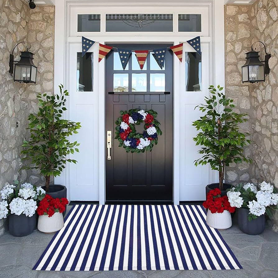 CAINANEL Blue and White Striped Rug 4th of July Door Mat 27.5"x43" Summer Front Porch Rug Indepen... | Amazon (US)