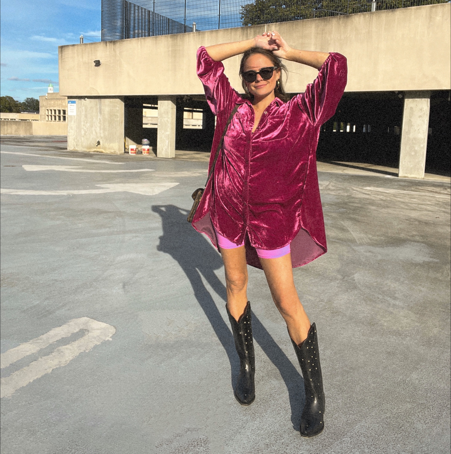Rebecca Piersol style. Fall fashion. Velvet shirt dress, black cowboy boots, skims biker shorts 

#LTKshoecrush #LTKSeasonal #LTKstyletip