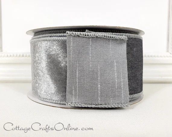 Christmas Wired Ribbon, 2 1/2"  Pewter Grey Velvet, Faux Silk Silver Back - TEN YARD ROLL - Offra... | Etsy (US)