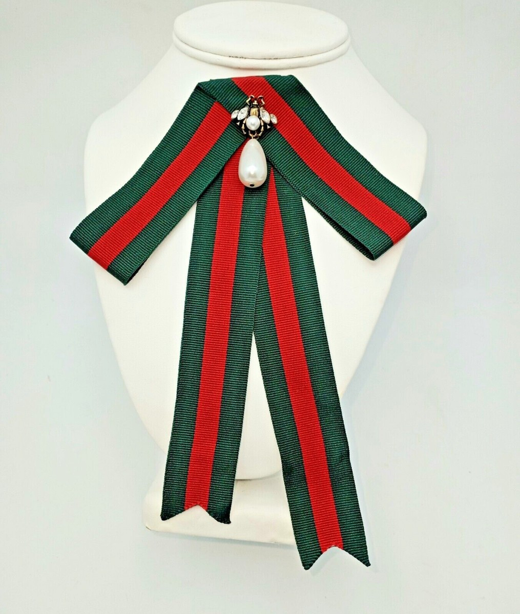Red & Green Blue Stripe Ribbon Bow Tie Brooch Bee Pearl & Crystal Ribbon  | eBay | eBay US