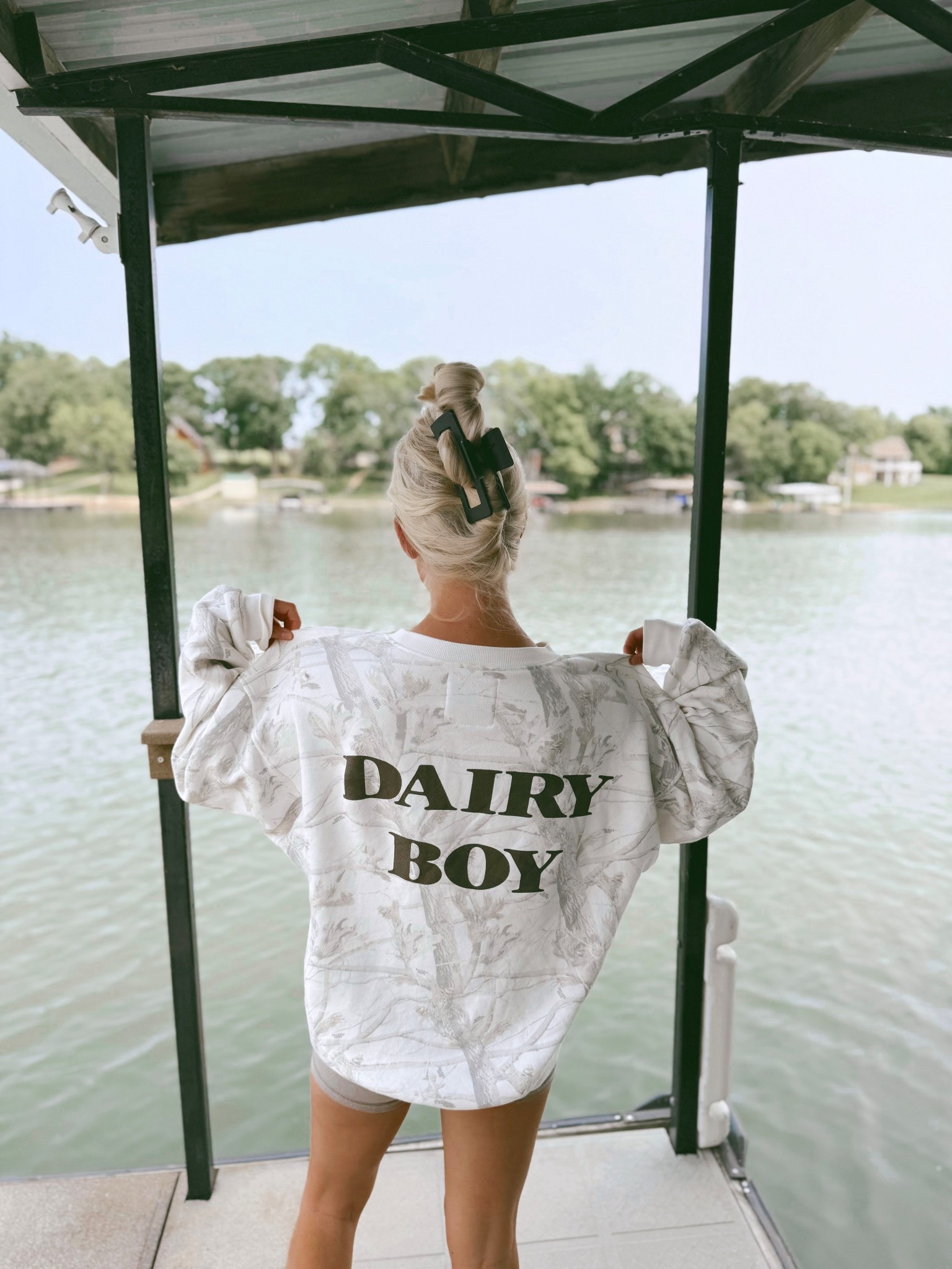 Dockside dreamer lives to see another year! 🌲🌊🪵⛅️🧸 
•
•
This woodland camo Dairy Boy crewneck isn’t on LTK, but I linked some other similar products so you can copy my look! 

#LTKdayinmylife #LTKootd