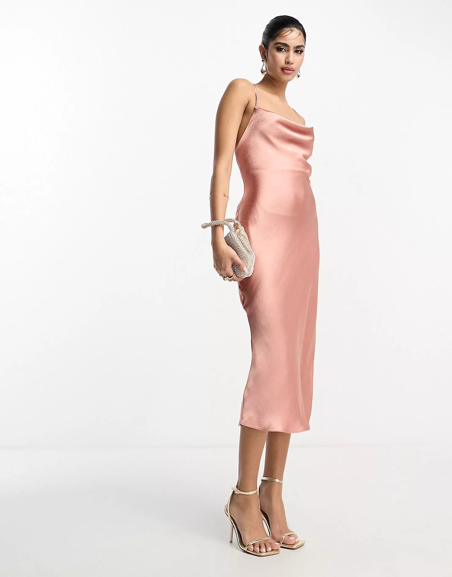 ASOS DESIGN Bridesmaid cami midi slip dress in high shine satin with lace up back in soft pink | ASOS (Global)