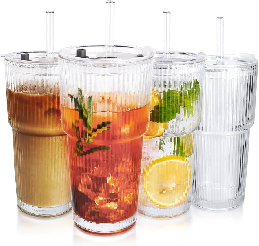 4PCS 20oz Glass Cups with Lids and Straws, Iced Coffee Cups with Lids, Stylish Ribbed Thick Drink... | Amazon (US)