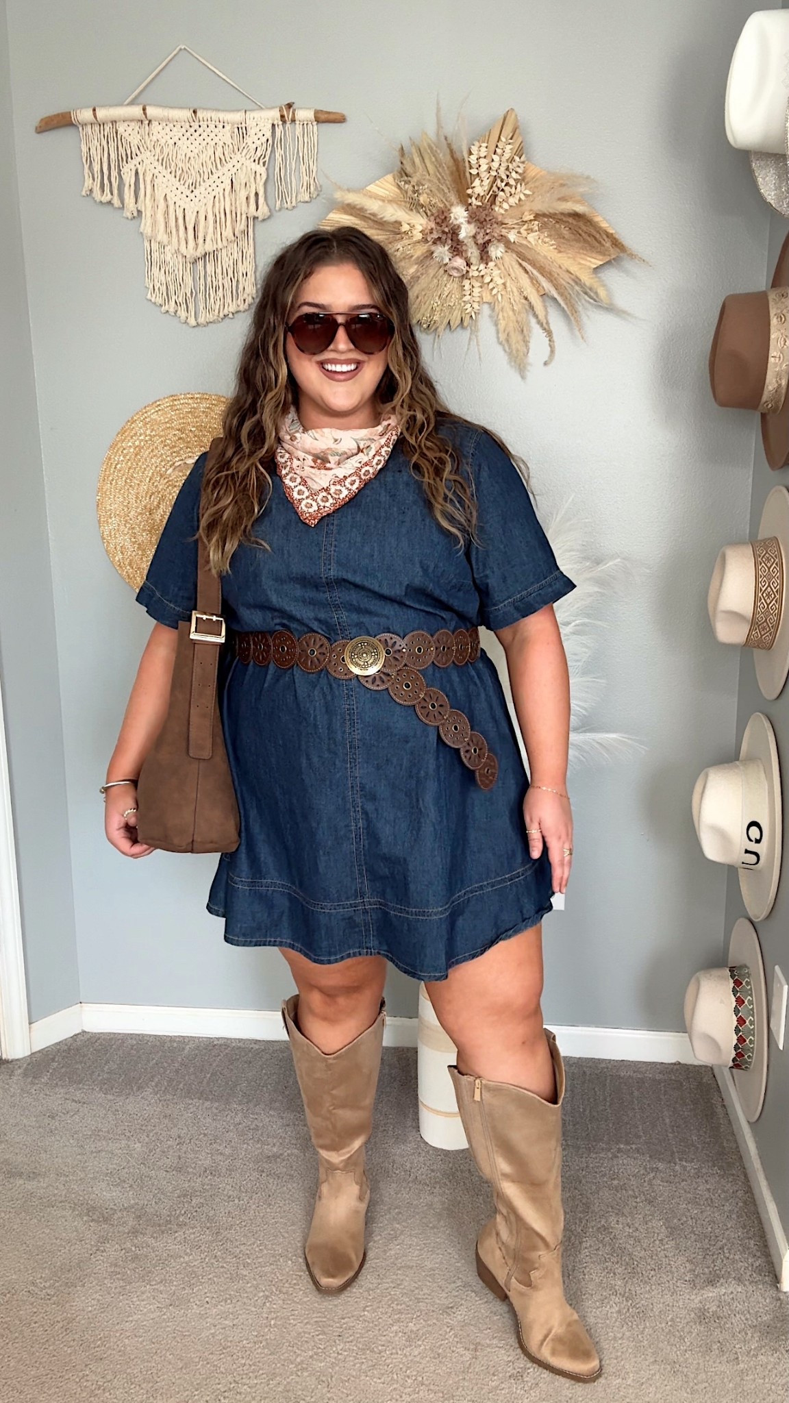 Early Fall outfit inspo: Western inspired denim dress 🤠🌾 For country concerts or pumpkin patchin 
Wearing a size 2 (18-20) 

Wide calf boots, bandana, concho belt + chocolate suede bag, thigh society anti-chafe cooling slip shorts

#LTKShoeCrush #LTKPlusSize #LTKStyleTip