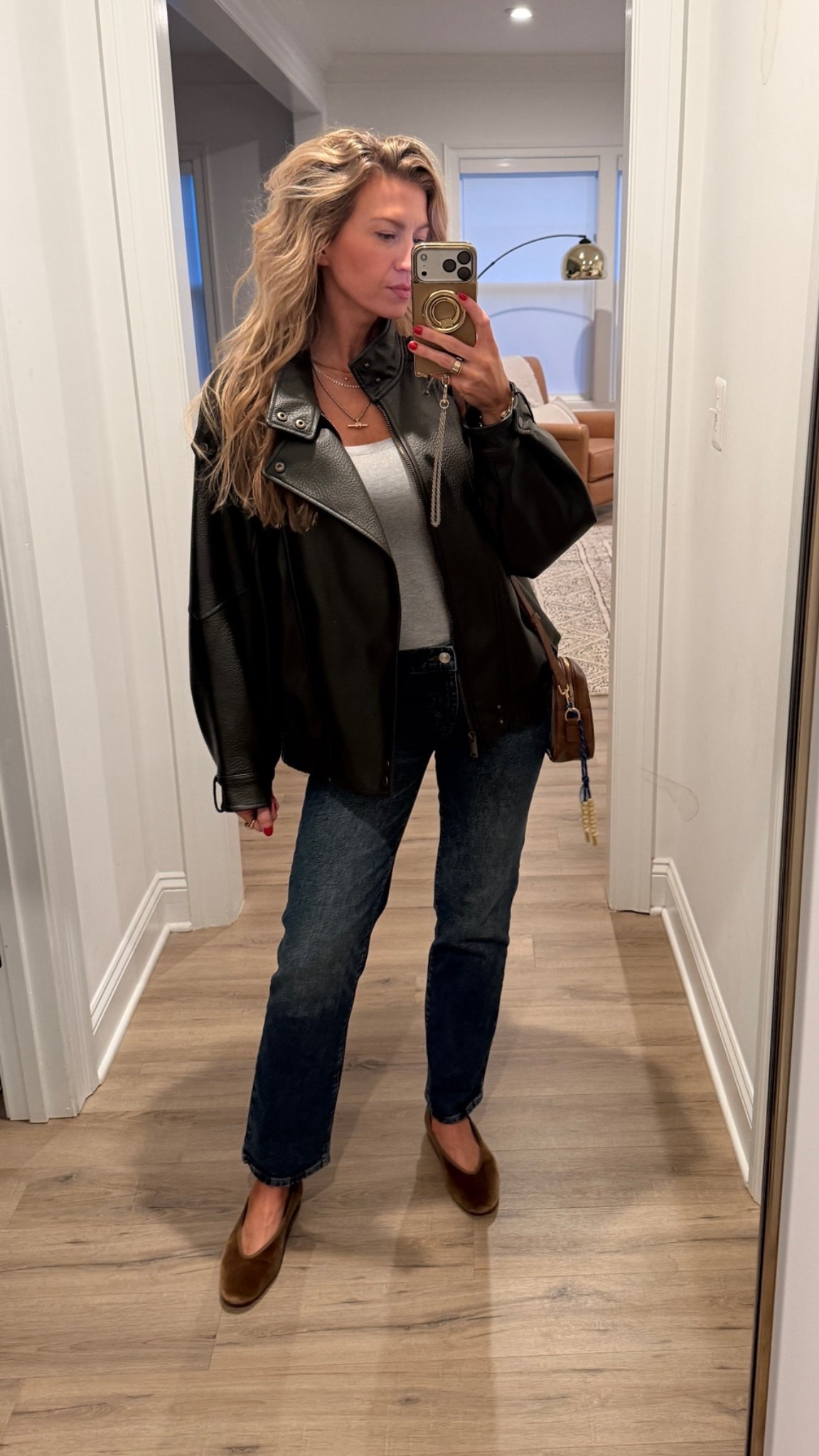 My outfit to the football game last night.

Dark green, faux, leather bomber: run, small, wearing a medium
Grey tank: TTS, wearing an extra small long length
Dark denim cigarette jeans: TTS, wearing a 25
Gold velvet flats: TTS

#LTKdayinmylife #LTKgrwm #LTKootd