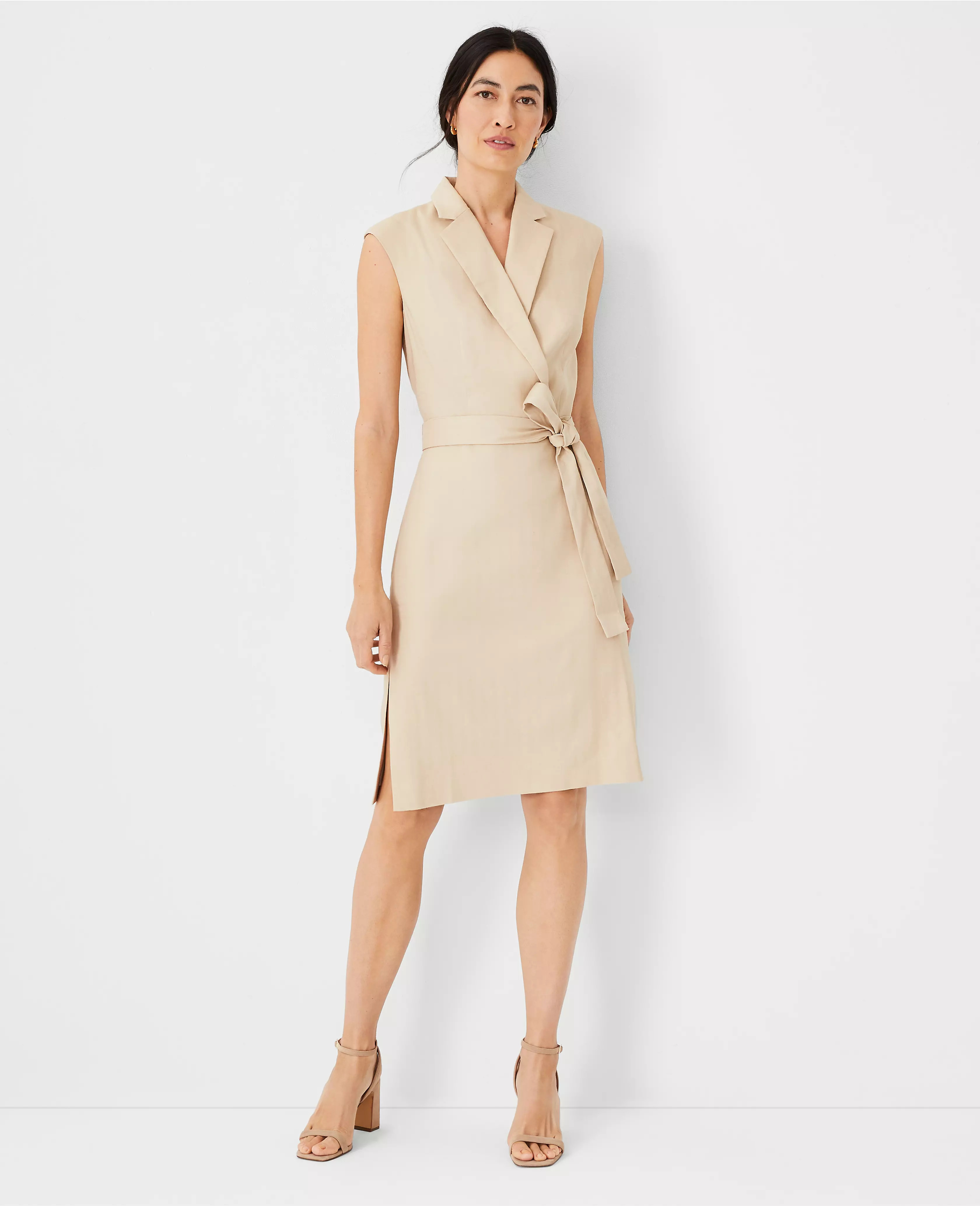 The Petite Notched Collar Tie Waist Dress in Herringbone Linen Blend | Ann Taylor (US)