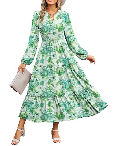 Women Long Sleeve Midi Dress, Boho Floral Casual Flowy A Line Dresses, Spring Elegant Classy Dress with Pocket S Green | Amazon (US)