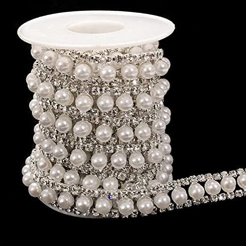 FQTANJU 1 Yard Crystal Rhinestone Trim Chain 2 Rows Crystal Chain Banding Diamond Inlaid White Pearl Beaded Rhinestones Applique for DIY Clothing Wedding Decorations and Bridal Embellishments | Amazon (US)