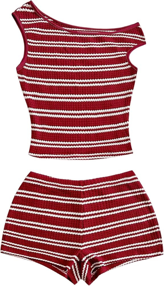 SOLY HUX Women's 2 Piece Striped Off The Shoulder Crop Tops and Mini Shorts Set Summer Y2K Going ... | Amazon (US)