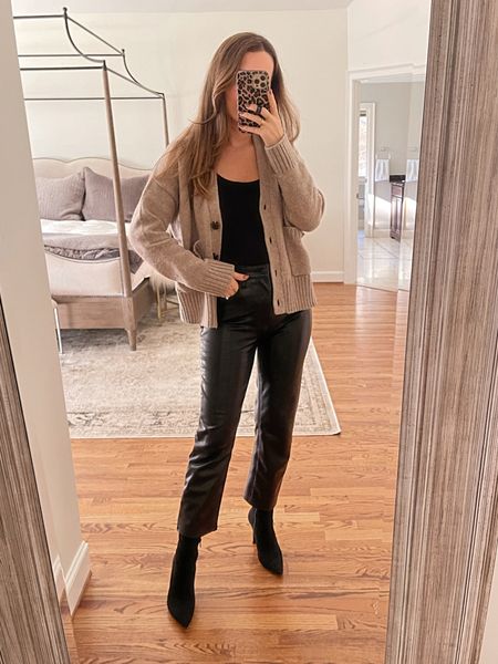 Easy fall or holiday look with Abercrombie faux leather pants, seamless bodysuit and black boots with cardigan sweater from Amazon.  All runs true to size (wearing s/26)  

#LTKSeasonal #LTKunder100 #LTKHoliday