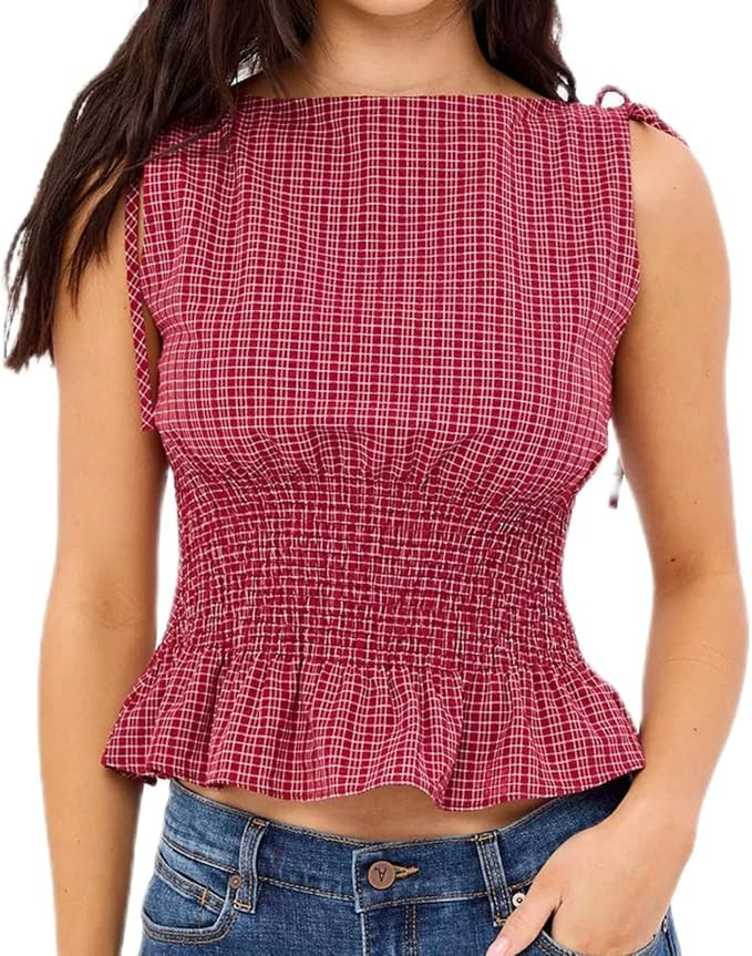 Women Y2K Polka Dot Smocked Sleeveless Tops Shirred Ruffle Tank Top | Amazon (US)