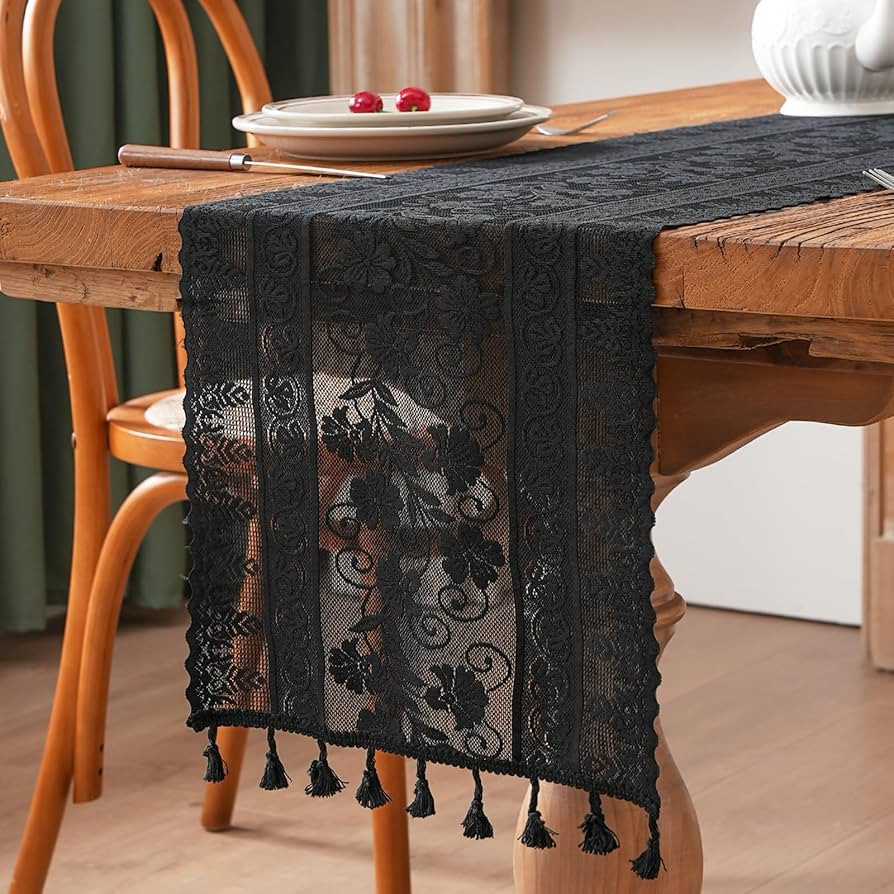 Black Lace Table Runner Flower Boho Table Runner with Tassels Vintage Rustic Christmas Runners fo... | Amazon (US)