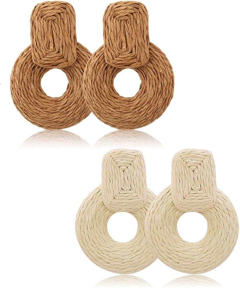 4 Pairs Handmade Raffia Rattan Bohemian Round Drop Dangle Earrings for Women, Boho Statement Cute... | Amazon (US)