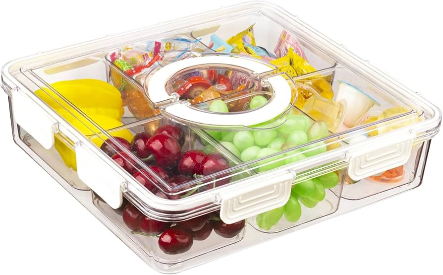 Divided Serving Tray with Lid & Handle, 6 Compartment Removable Snackle Box Charcuterie Container... | Amazon (US)