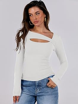 ANRABESS Womens Cutout Tops Trendy Sexy Long Sleeve Shirts Ribbed Slim Fit Tee 2024 Fall Fashion ... | Amazon (US)
