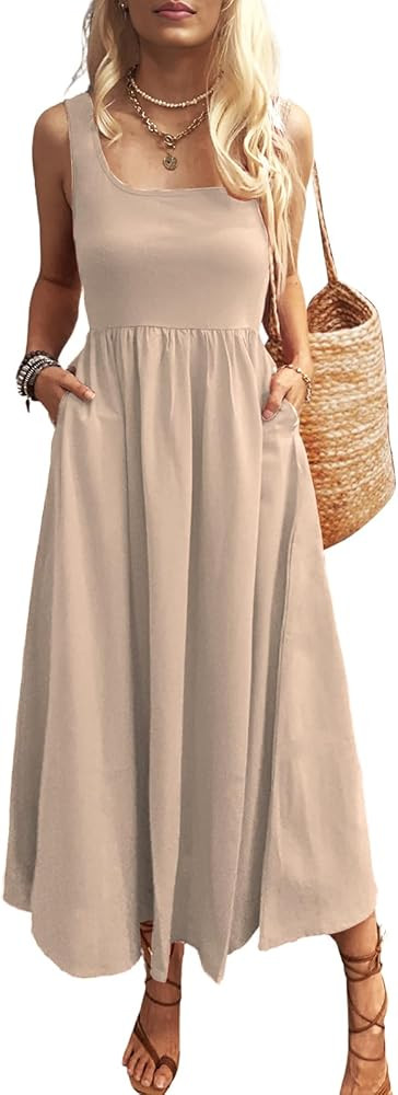 Women's Maxi Dress Summer Sleeveless Swing Sundress Casual Loose Tank Long Dresses with Pockets | Amazon (US)
