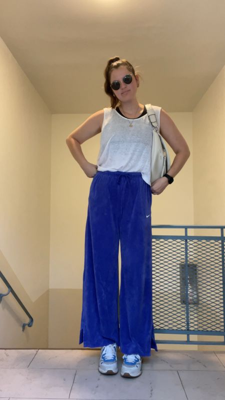 ASOS Nike velour wide leg pants in blue or black, high waisted pants, crushed velour, corduroy pants, comfy clothes, casual, activewear, workout, on sale now, H&M linen blend tank top, sweatpants, spring / summer, budget friendly, affordable, under $100, Proenza Schouler White Label logo-print belt bag, designer handbag, Fanny pack, shoulder bag, crossbody, rayban sunglasses, just purchased, new arrival, gold jewelry from Amazon, rings, earrings, Fitbit, Gucci ultrapace sneakers, comfy shoes, girlfriend collective sports bra 

#LTKunder100 #LTKunder50 #LTKsalealert
