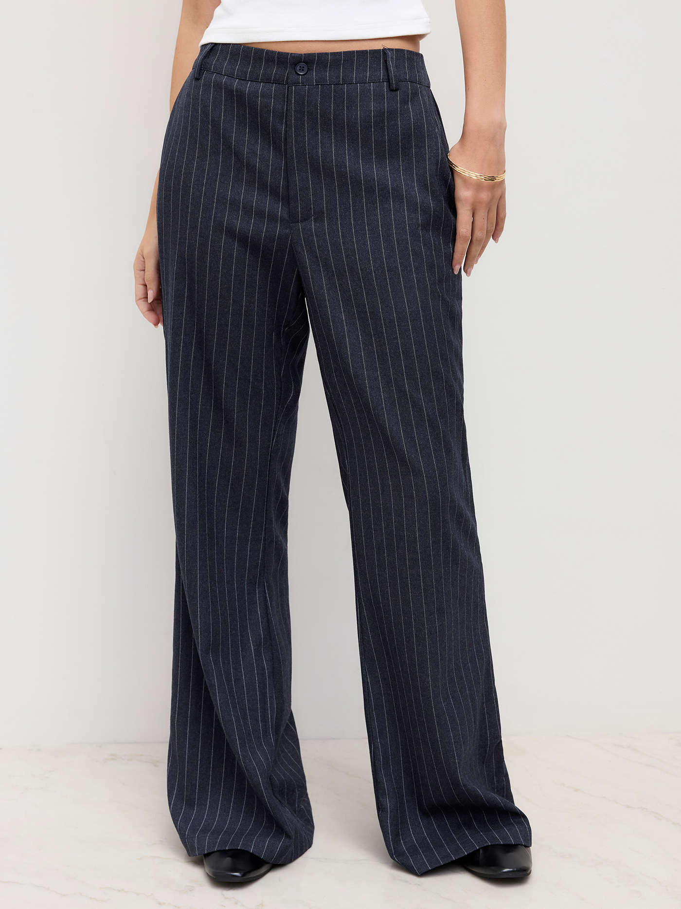 Woven Belted & Flared Pinstripe Trousers For Work | Cider