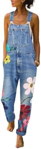 Womens Overalls Denim Cute Floral Print Overalls Casual Baggy Adjustable Strap Jumpsuits with Poc... | Amazon (US)
