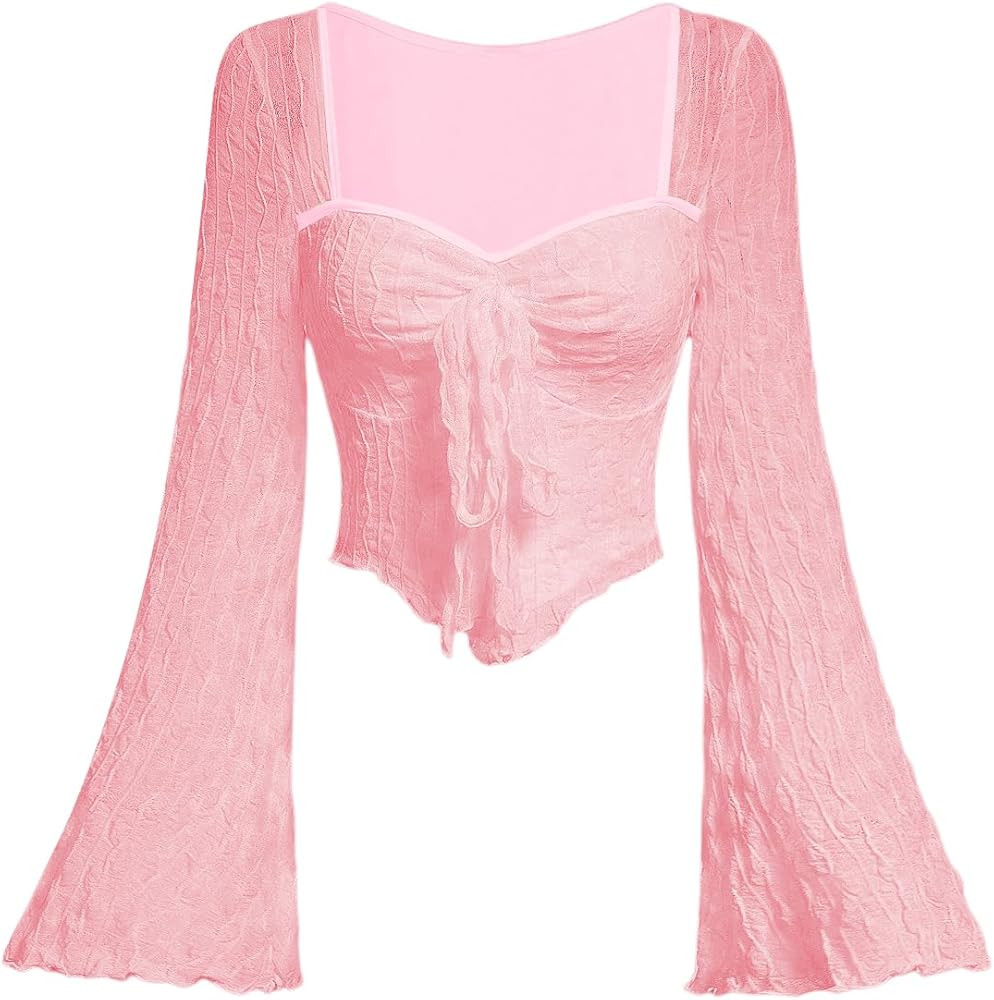 SOLY HUX Women's Long Bell Sleeve Tops Mesh Sweetheart Neck Going Out Crop Top Casual Asymmetrica... | Amazon (CA)