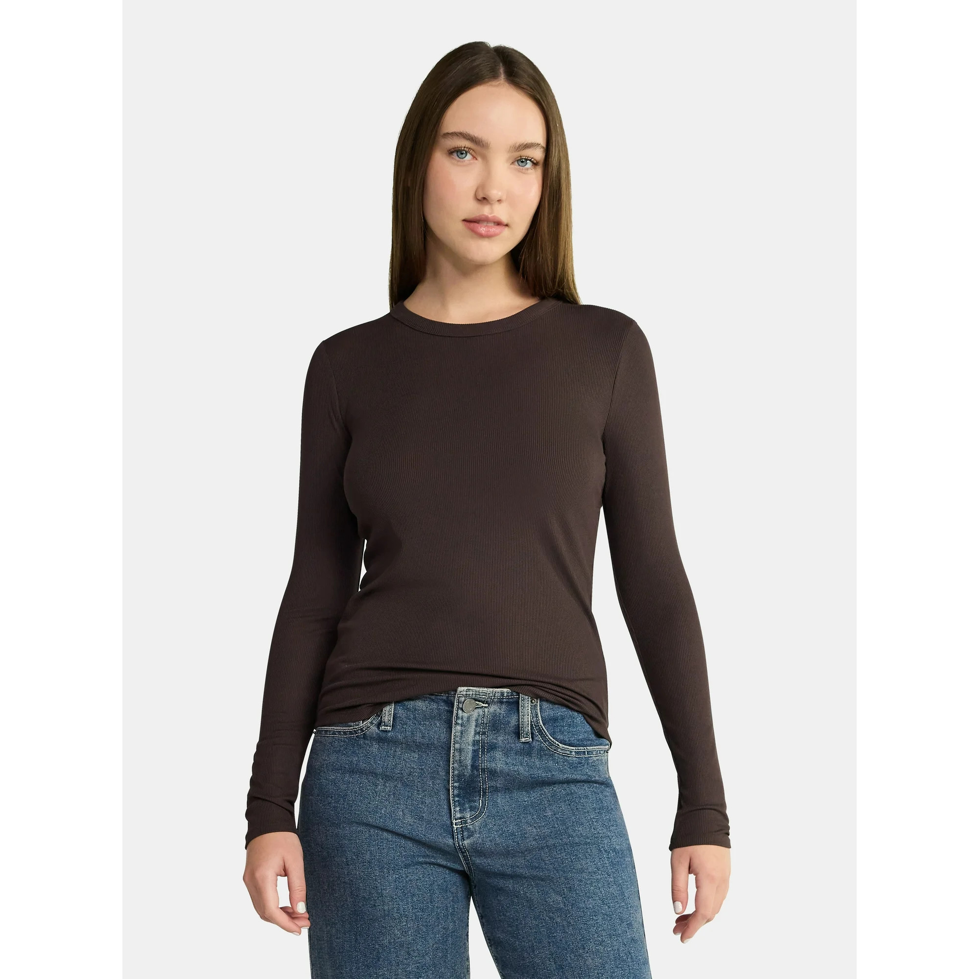 No Boundaries Ribbed Crewneck Tee with Long Sleeves, 1 or 2-Pack, Women's & Women's Plus XXS-XXL | Walmart (US)