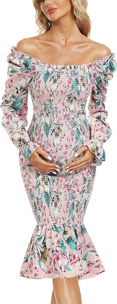 Long Sleeve Puff Maternity Dress Bodycon Ruffe Hem Square Neck Mermaid Baby Shower Dress | Amazon (US)