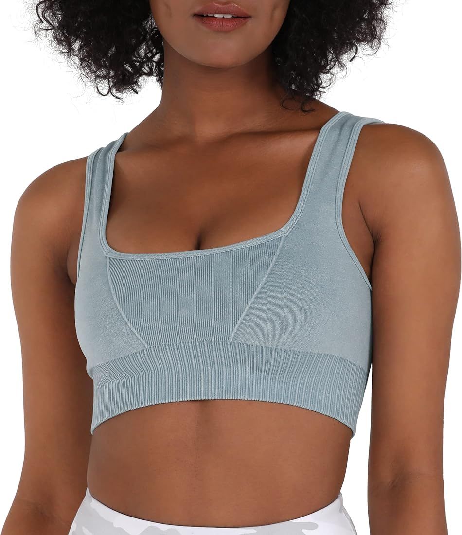 ODODOS Seamless Square Neck Sports Bra for Women Ribbed Crop Tank Casual Low Back Cropped Tops | Amazon (US)
