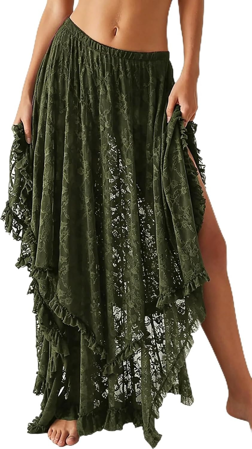 YKR Womens Lace Long Skirts Elastic Asymmetrical Layered Hem Sexy See-Through Flowy Skirts Floral Beach Maxi Skirt | Amazon (US)