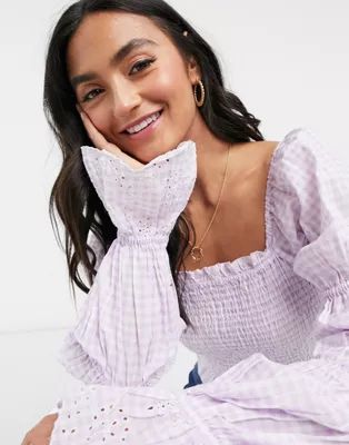 Vero Moda blouse with shirring and broderie cuff in lilac gingham check | ASOS (Global)