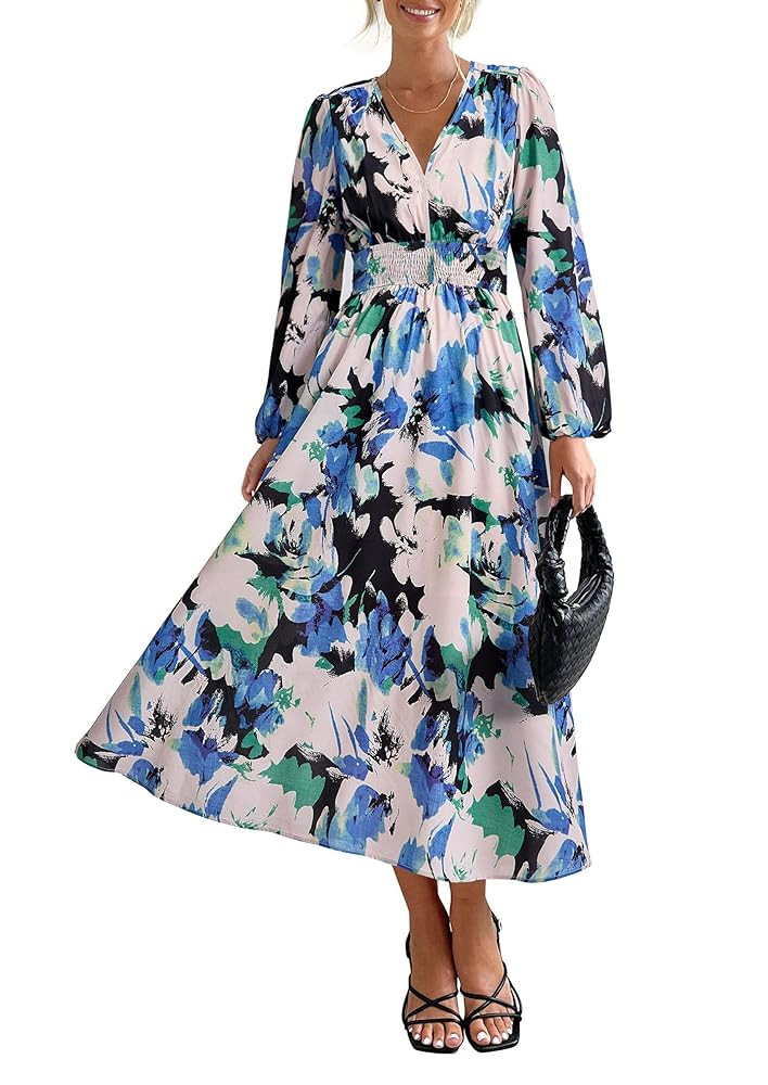 PRETTYGARDEN Women's Floral Midi Dress Casual Fall V Neck Long Sleeve Flowy Spring Beach Wedding ... | Amazon (US)