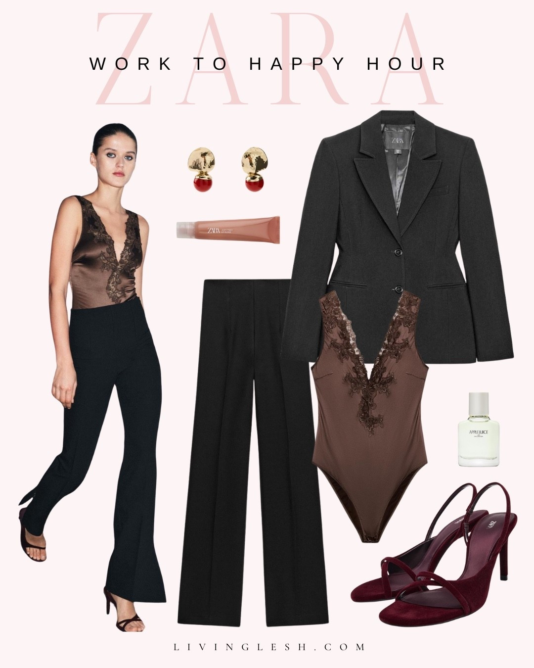Zara | Zara outfit | Zara fashion | Zara finds | Work pants | Flare pants | Lace bodysuit | Bodysuit | Blazer | Velvet heels | Workwear | Workwear outfits | Lip gloss | Perfume | Zara beauty | Work outfit | Office outfit

#LTKFindsUnder50 #LTKShoeCrush #LTKWorkwear