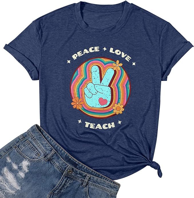 Teacher Shirts Women Peace Love Teach T Shirt Vintage Victory Graphic Tees Casual Teacher's Day G... | Amazon (US)