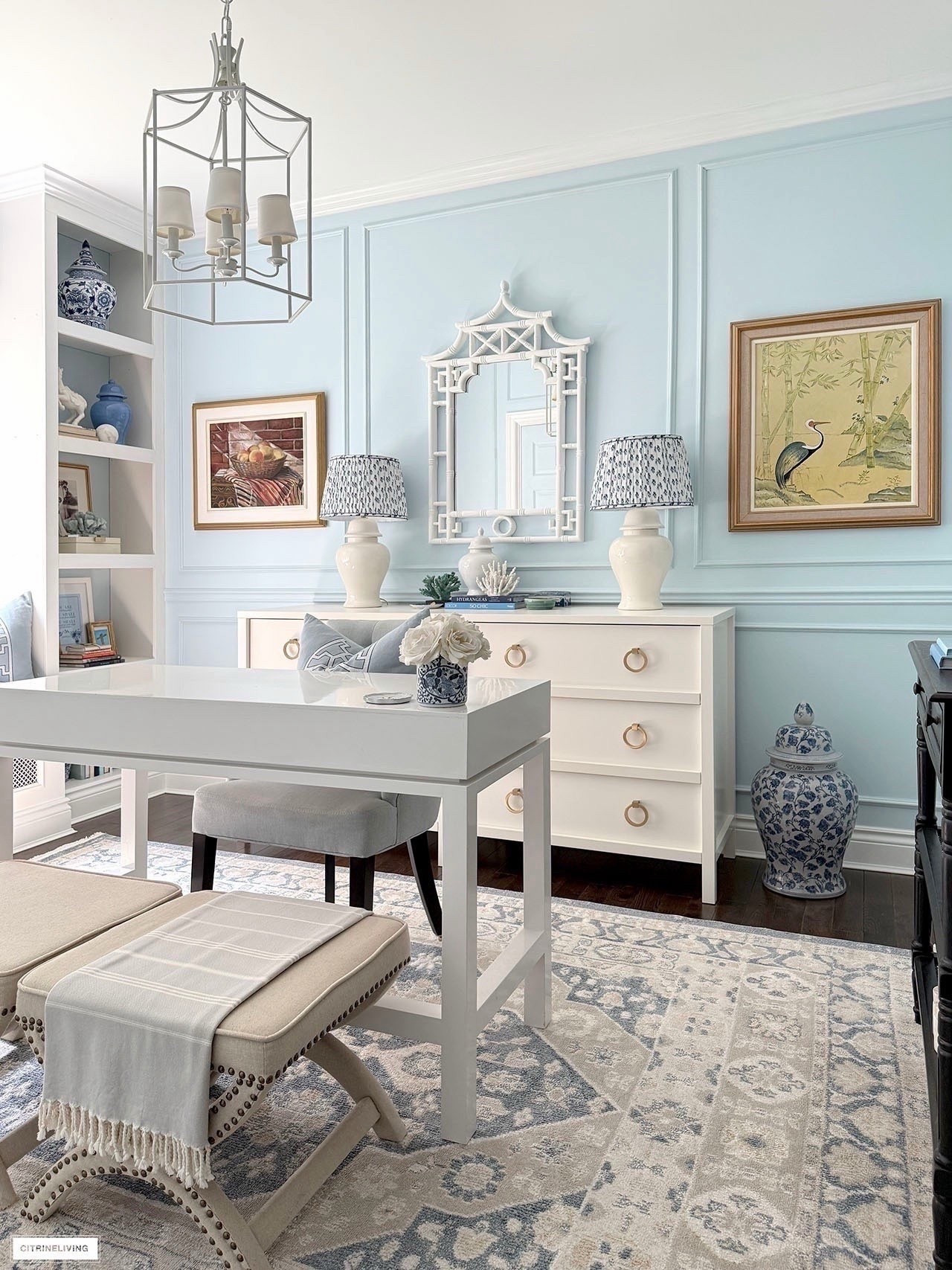 Chic layered home office! A beautiful rug, colorful art, pops of pattern💙  

Home office, home decor, home finds

#LTKHome #LTKSeasonal