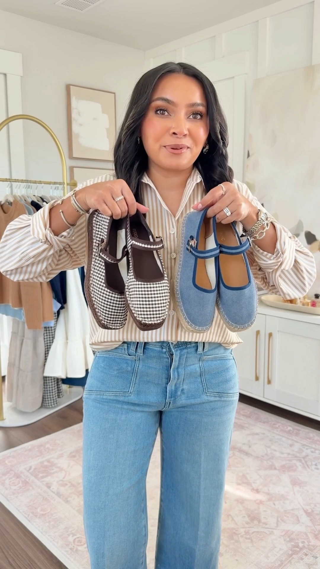 Anthropologie Try On! Use code ANTHRO20 for 20% off through 5/10!

Tan stripe button down size xxs petite TTS
Crop wide leg jeans in color vail size 26 petite TTS

Brown gingham and denim blue mary jane espadrille shoes size 5-5.5 but found them to be small so would size up to the 6-6.5

#LTKgrwm #LTKPetite #LTKSaleAlert
