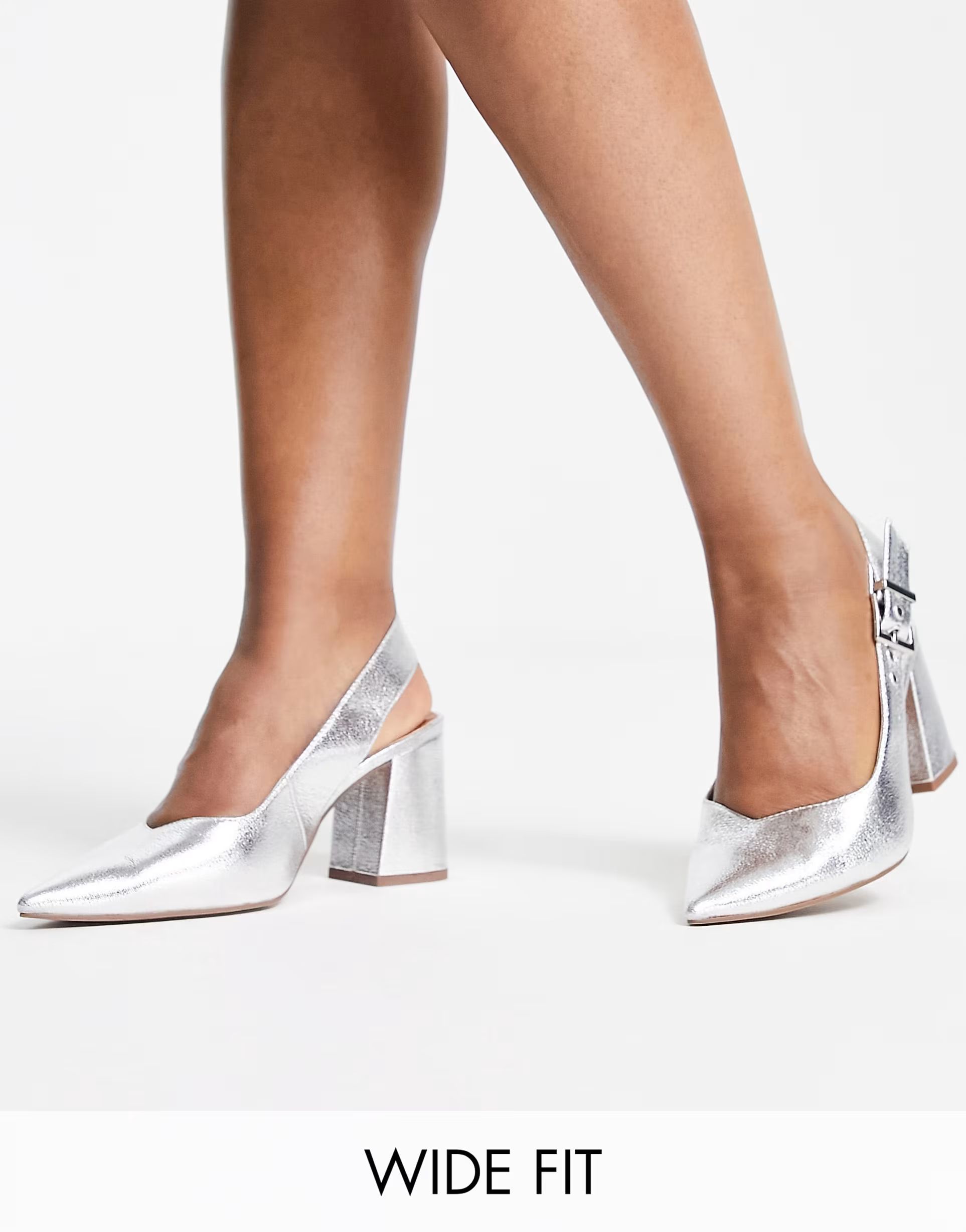 ASOS DESIGN Wide Fit West slingback block heeled shoes in silver | ASOS (Global)