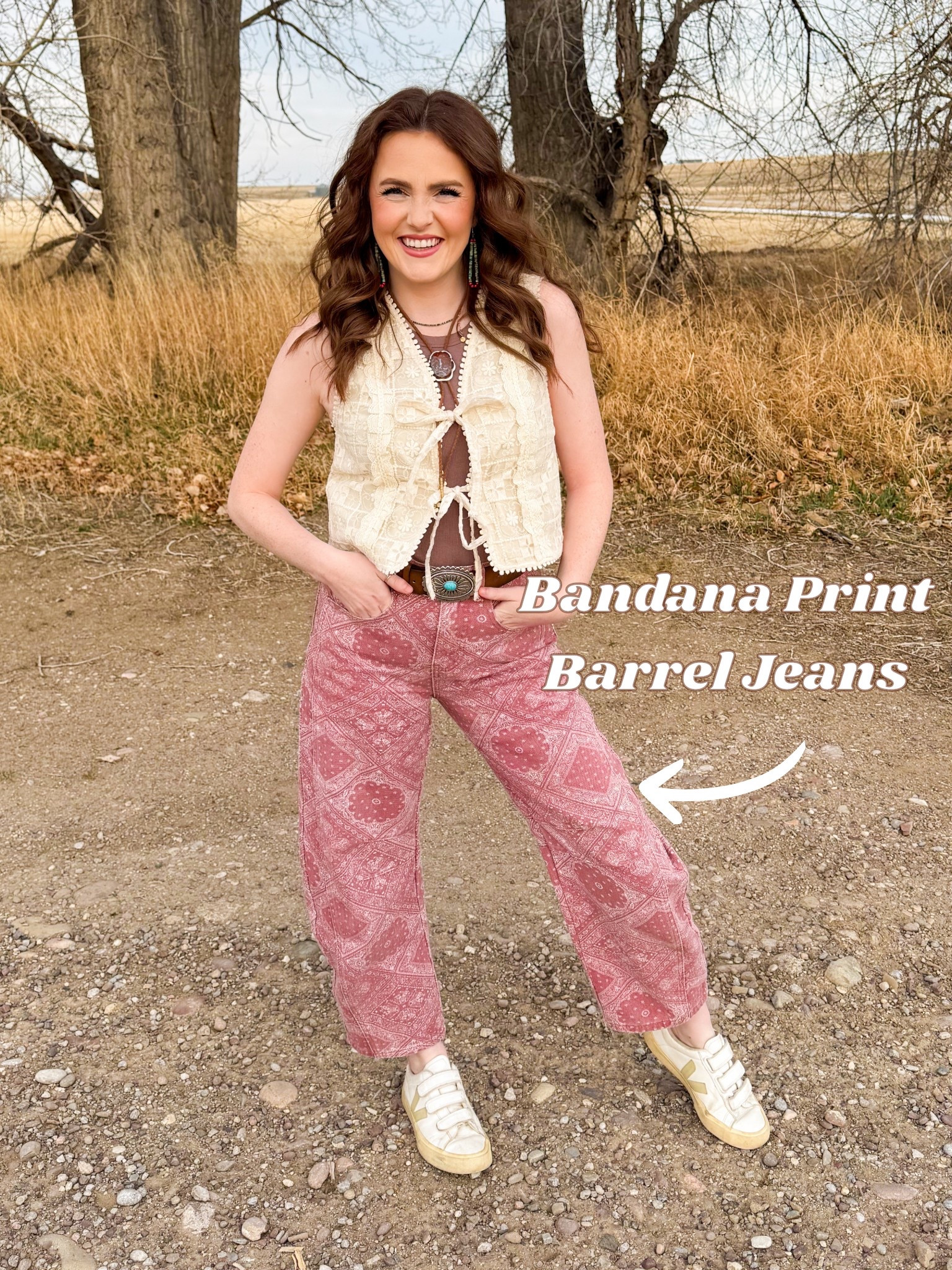 Why did it take me so long to try Barrel Jeans?!?👖
Bandana print barrel jeans + cream lace tie-front vest = the western-boho combo I didn’t know I needed 🤍✨ Linking everything including the turquoise concho belt and layered necklaces!
#LTKstyle #LTKfindsunder100 #LTKstyletip #westernfashion #boholook #bandanaprint #widelegjeans #lacevest #OOTD #westernboho #barreljeans

#LTKFestival #LTKootd #LTKPetite