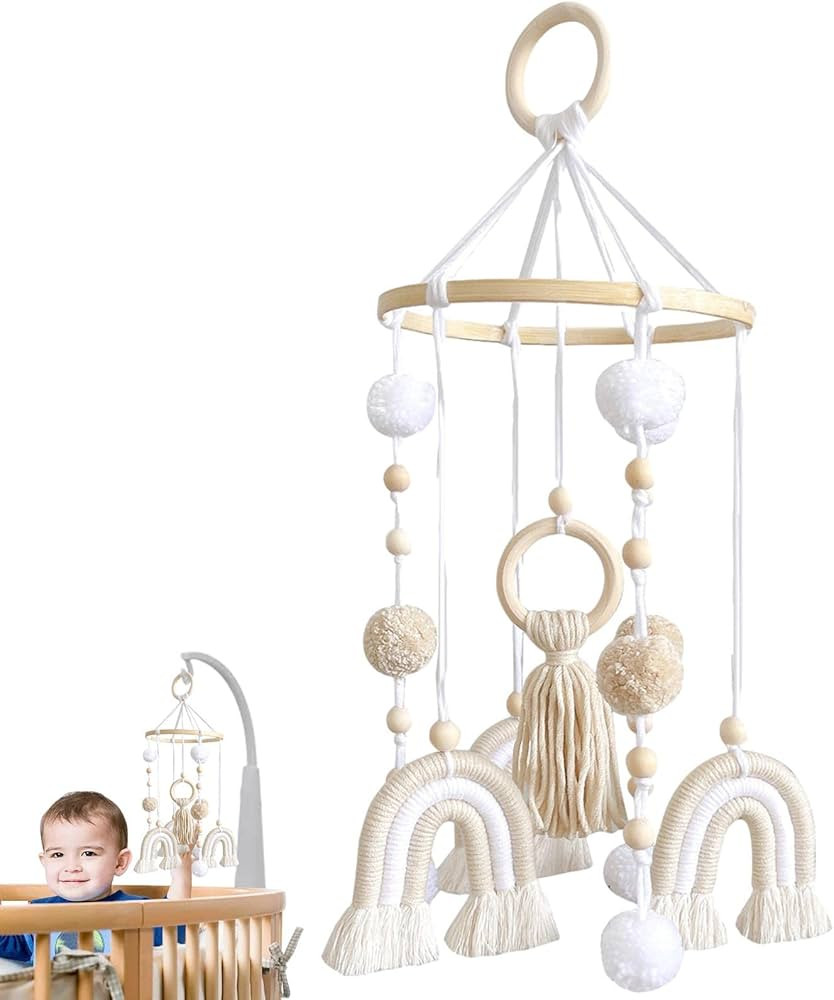 GIMOCOOL Baby Cot Crib Mobile Boho Rainbow Crib Mobile with Wool Balls Wooden Baby Mobile,Baby Nu... | Amazon (UK)