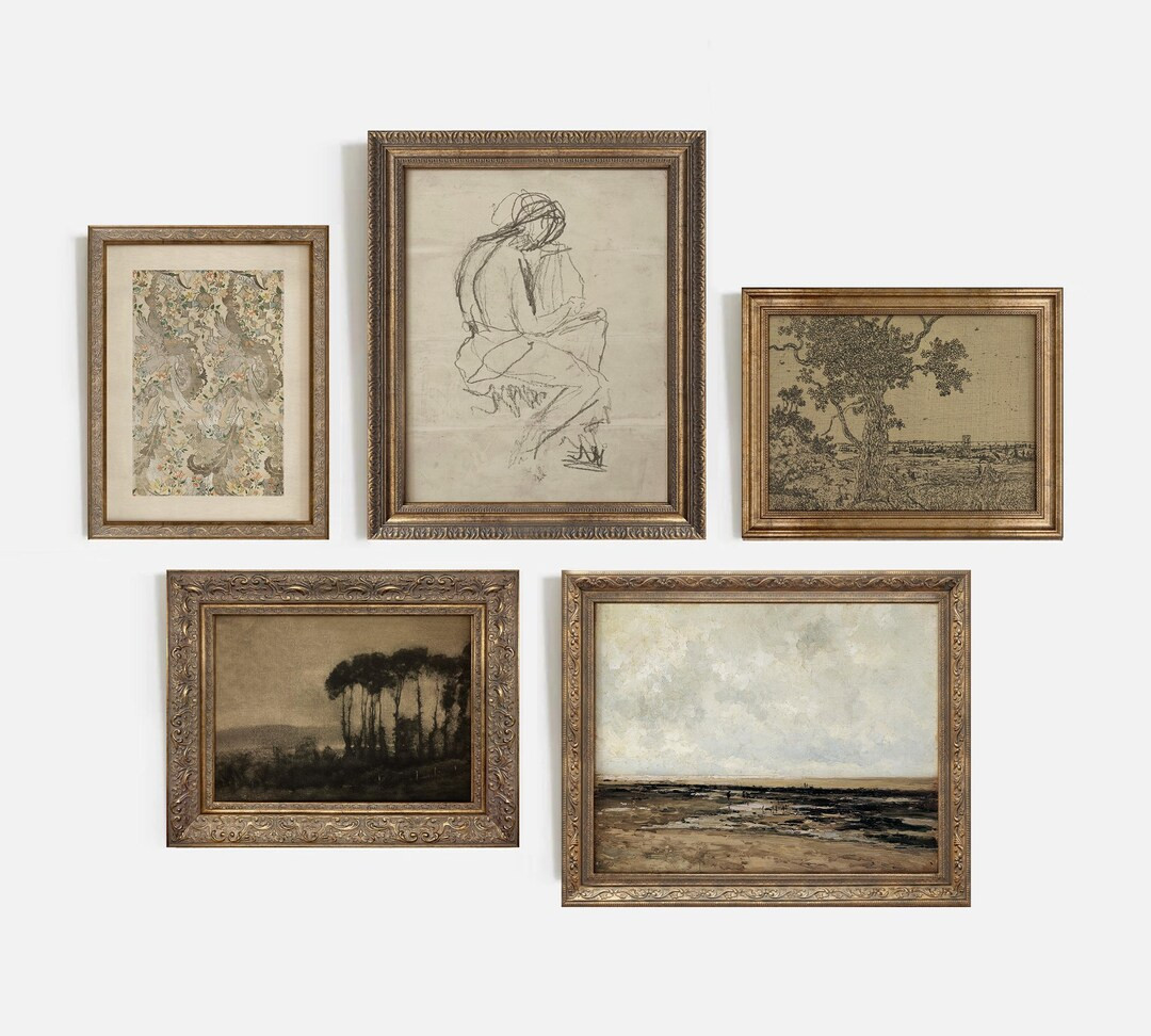 Vintage Framed Gallery Wall Print Set of 5, Rustic Farmhouse Decor, Dark Moody Wall Set, Home Dec... | Etsy (US)