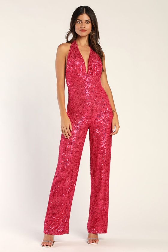 Star Potential Shiny Hot Pink Sequin Halter Jumpsuit | Lulus (US)