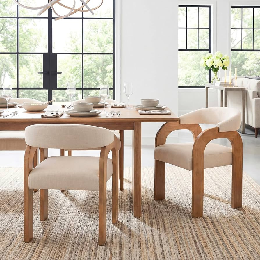 Farmhouse Dining Chairs Set of 2 - Upholstered Armchairs with Linen Cushions & Curved Wooden Arms... | Amazon (US)