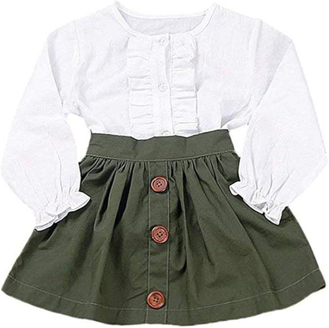 Little Girls Two Piece Clothes Set Good Kids Fall School Oufits Ruffles Clean White Shirt Buttons... | Amazon (US)