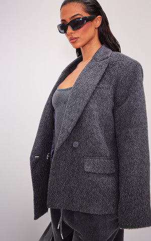 Petite Charcoal Wool Look Pocket Oversized Blazer | PrettyLittleThing UK