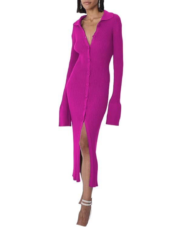 Women Button Down Knit Sweater Long Dress Vintage Long Sleeve V Neck Split Dress Casual Cardigan ... | Amazon (US)