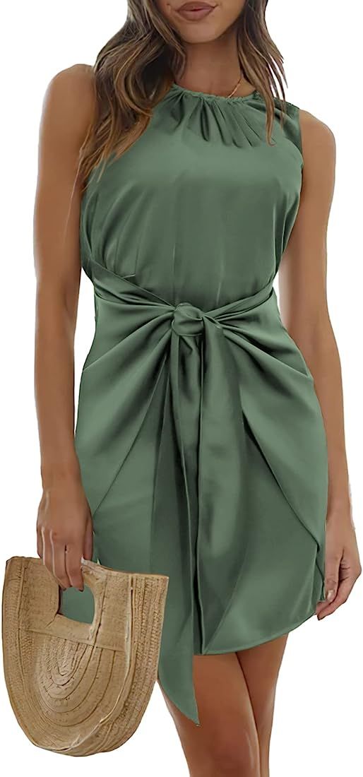 PRETTYGARDEN Women's 2023 Spring Satin Dress Long Sleeve Tie Waist Elegant Cocktail Party Mini Dress | Amazon (US)